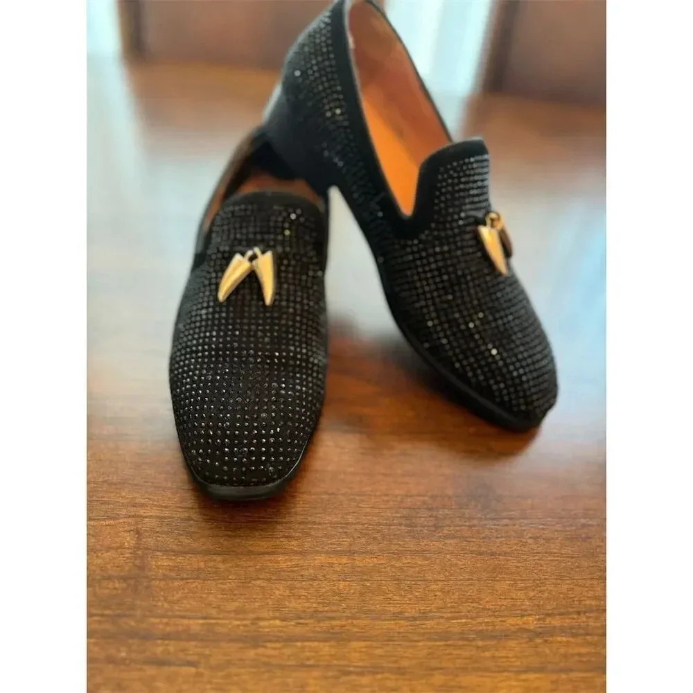 ELANROMAN  Black Rhinestone Studded Loafers w/ Gold Shark Tooth Detail Size 40